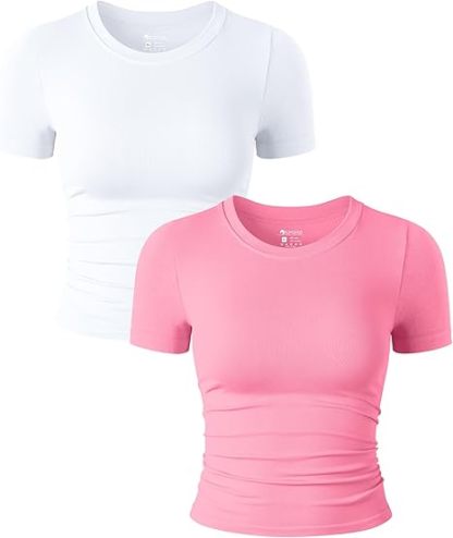 Womens 2 Piece Shirts Short Sleeve Crew Neck Ruched Stretch Fitted Tee Shirts Crop Tops