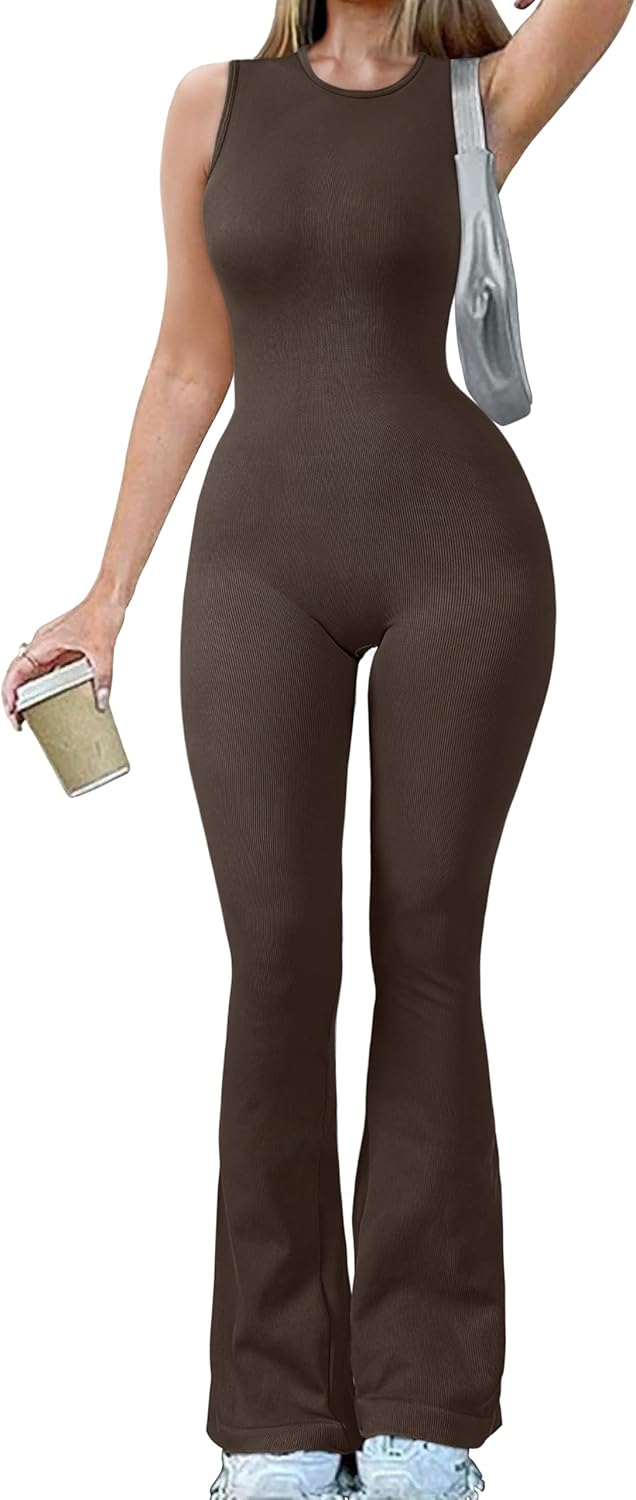 Women Yoga Jumpsuits Ribbed Crew Neck Sleeveless Bell Bottoms Flare Jumpsuits