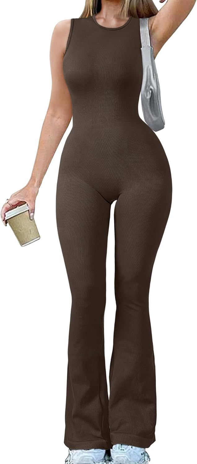 Women Yoga Jumpsuits Ribbed Crew Neck Sleeveless Bell Bottoms Flare Jumpsuits