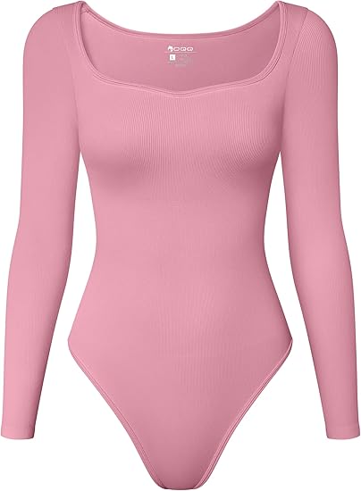 Women Bodysuit Contrast-Trim Square Neck Long Sleeve Stretch Bodysuit Tops