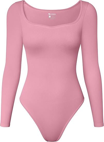 Women Bodysuit Contrast-Trim Square Neck Long Sleeve Stretch Bodysuit Tops