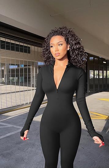 Women Yoga Jumpsuits Workout Ribbed Long Sleeve Zip Front Sport Jumpsuits