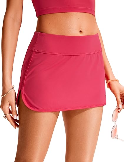 Womens Mid Rise Swim Skirt Athletic Bathing Suit Skorts Skirts Side Split Swimsuit Bottoms with Pocket