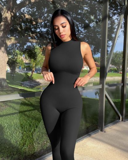 Women Yoga Jumpsuits Workout Ribbed Sleeveless Sport Jumpsuits Black