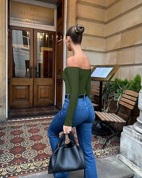 Bodysuits Womens Off-Shoulder Long Sleeve Seamless Shapewear Tops