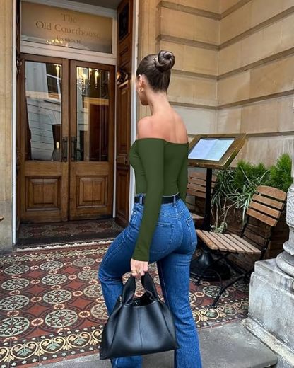 Bodysuits Womens Off-Shoulder Long Sleeve Seamless Shapewear Tops