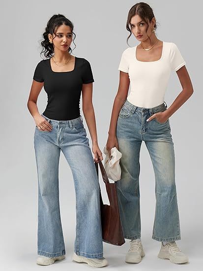 Women Bodysuits Ruched Short Sleeve Square Neck Stretch Lounge Travel Bodysuits