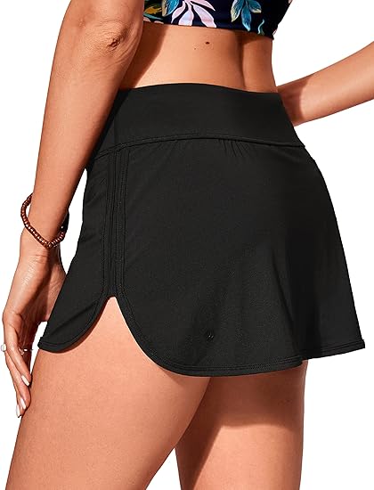 Womens Mid Rise Swim Skirt Athletic Bathing Suit Skorts Skirts Side Split Swimsuit Bottoms with Pocket