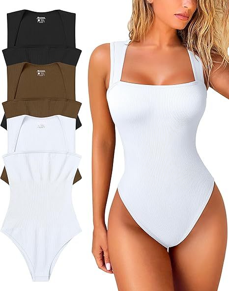 Women's 3 Piece Bodysuits Sexy Ribbed Strappy Square Neck Sleeveless Tummy Control Tank Tops Bodysuits