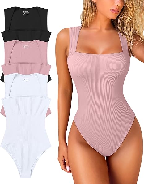 Women's 3 Piece Bodysuits Sexy Ribbed Strappy Square Neck Sleeveless Tummy Control Tank Tops Bodysuits