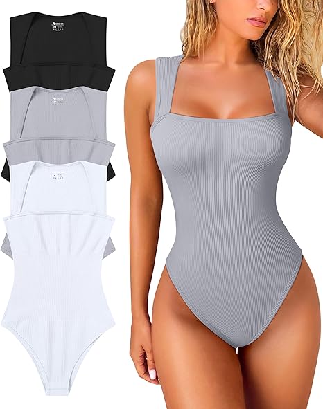 Women's 3 Piece Bodysuits Sexy Ribbed Strappy Square Neck Sleeveless Tummy Control Tank Tops Bodysuits