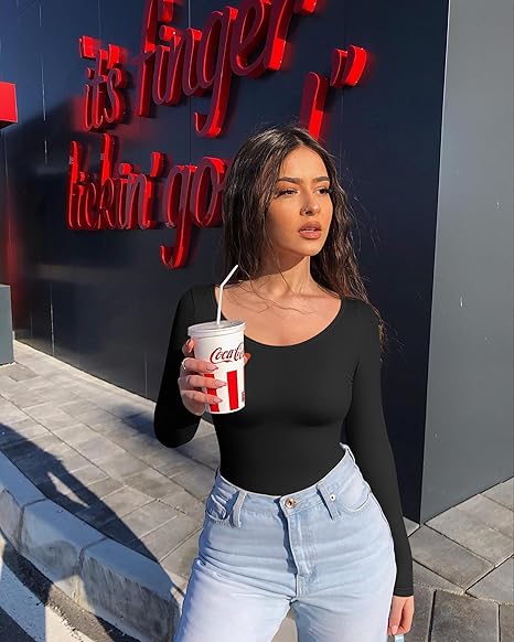 Women Tops Scoop Neck Long Sleeve Fitting Stretch Clothes Basic Cami Shirts