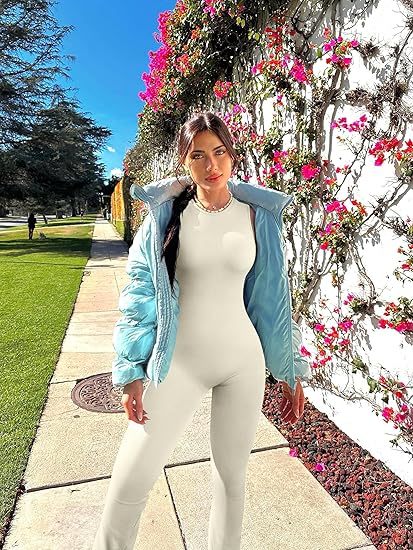 Women Yoga Jumpsuits Ribbed Crew Neck Sleeveless Bell Bottoms Flare Jumpsuits