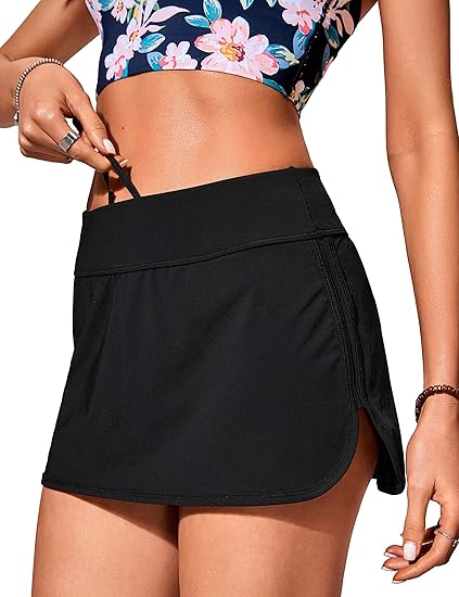 Womens Mid Rise Swim Skirt Athletic Bathing Suit Skorts Skirts Side Split Swimsuit Bottoms with Pocket