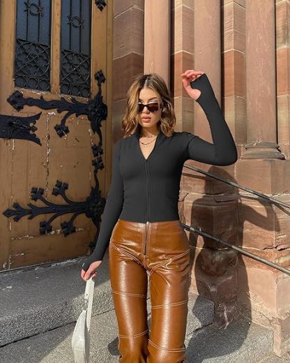 Womens 2 Piece Long Sleeve Tops Stand Neck Front Zipped Stretch Fitted Underscrubs Tee Shirts Tops