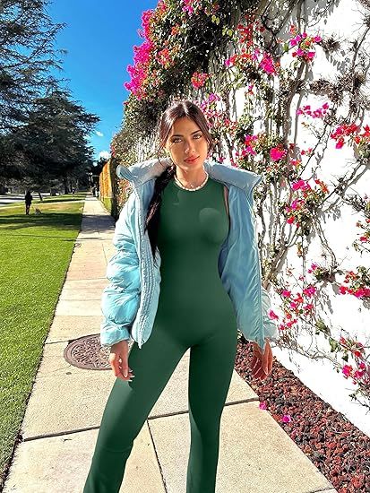 Women Yoga Jumpsuits Ribbed Crew Neck Sleeveless Bell Bottoms Flare Jumpsuits
