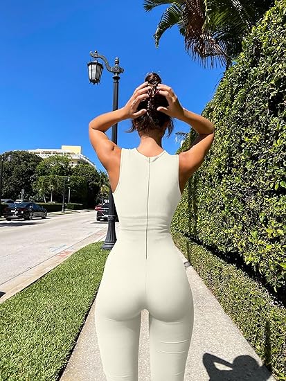 Women Yoga Jumpsuits Ribbed Crew Neck Sleeveless Bell Bottoms Flare Jumpsuits