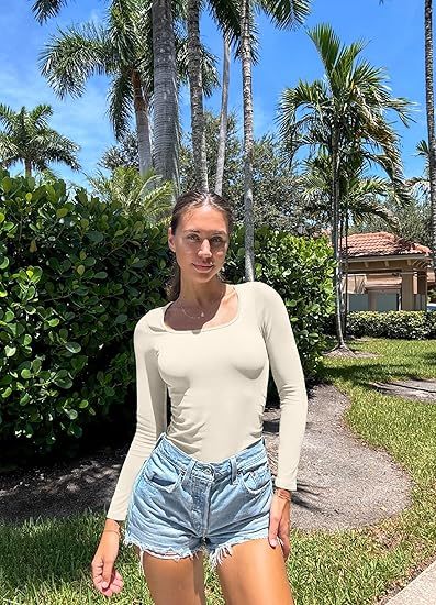 Women's Bodysuits Ruched Long Sleeve Square Neck Lounge Stretch Travel Bodysuits