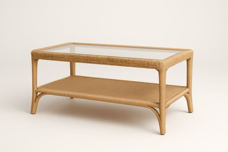 Table basse rectangulaire en rotin avec verre trempé