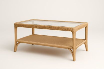 Table basse rectangulaire en rotin avec verre trempé