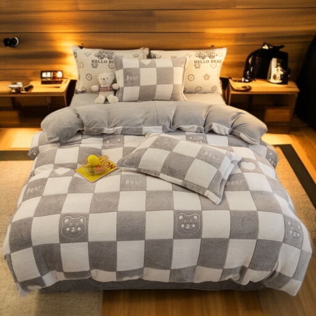 Men's 4-Piece Fleece Bedding Set for Winter, Thick Flannel Duvet and Sheet, Milk Velvet