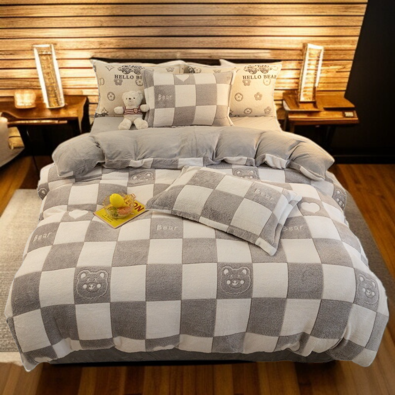 Men's 4-Piece Fleece Bedding Set for Winter, Thick Flannel Duvet and Sheet, Milk Velvet