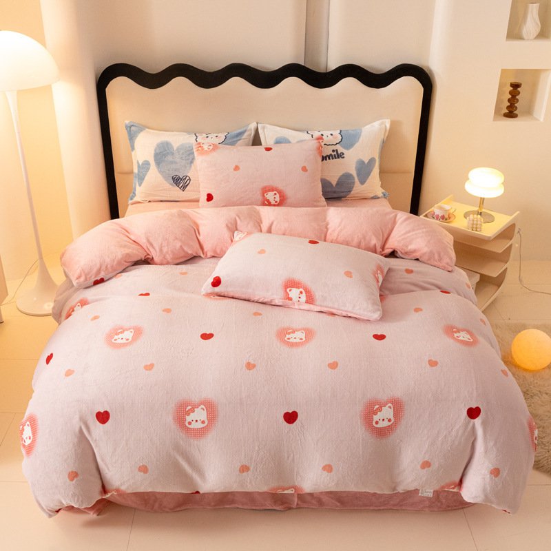 Men's 4-Piece Fleece Bedding Set for Winter, Thick Flannel Duvet and Sheet, Milk Velvet