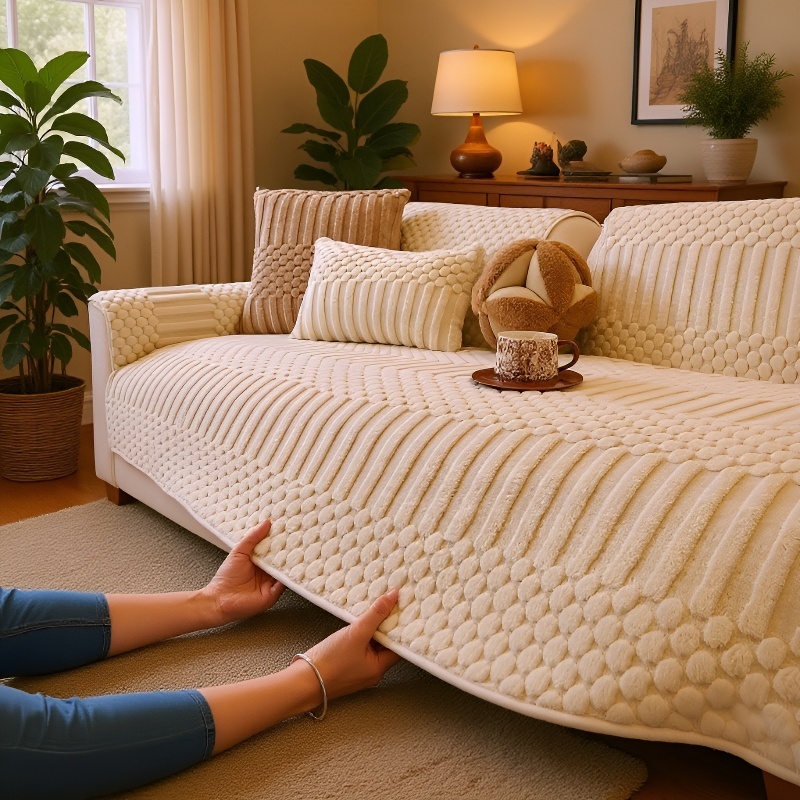 Rutschfester Sofabezug aus Leder mit Plüschpolster für Herbst und Winter