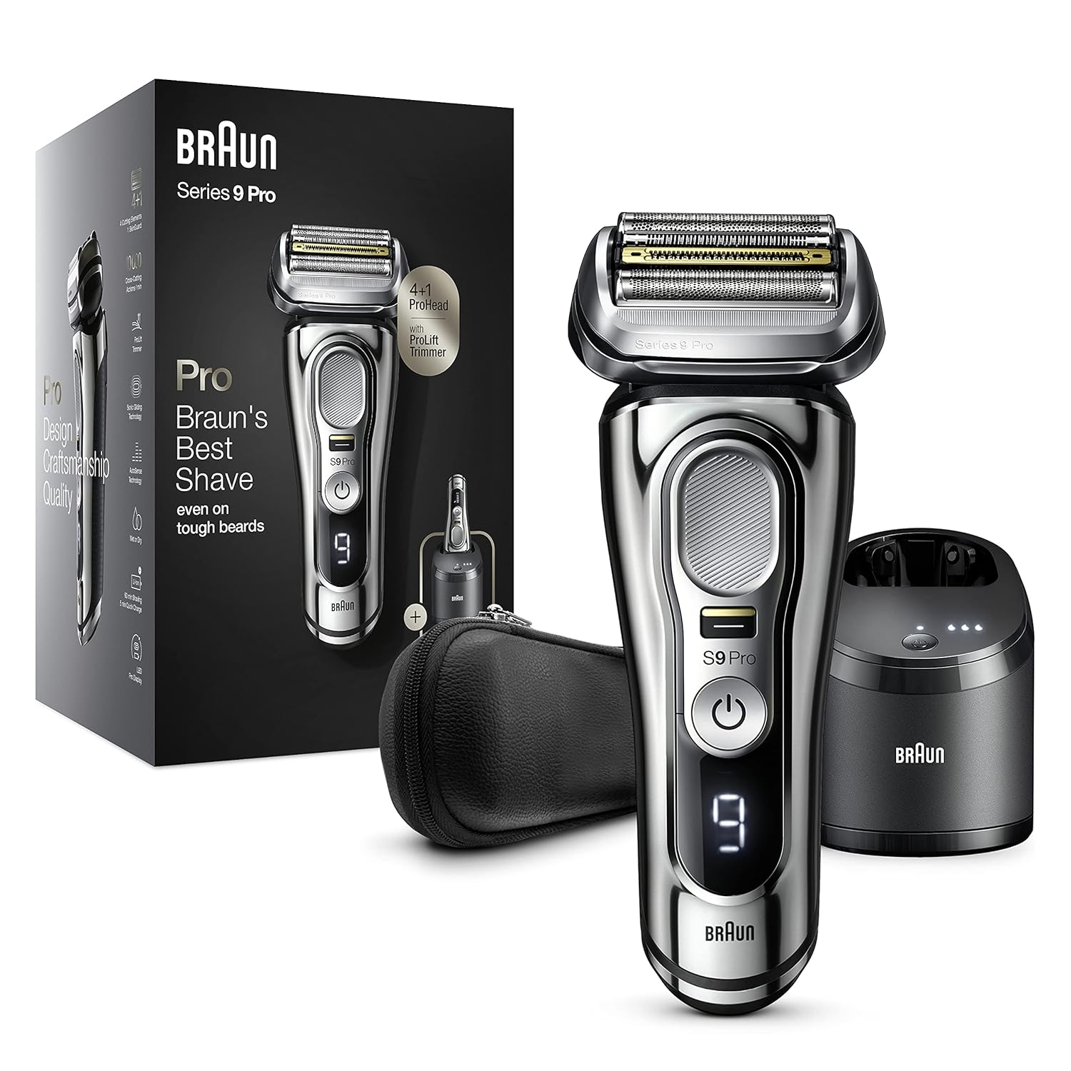 Braun Series 9 Pro Elektrorasierer für Herren, Bartrasierer mit ProLift - Trimmer und 4 - in - 1 - Kopf, 5 - in - 1 - Reinigungs - und Ladecenter, Tasche, wiederaufladbar, kabellos, 9466 CC, Chrom-Villaota