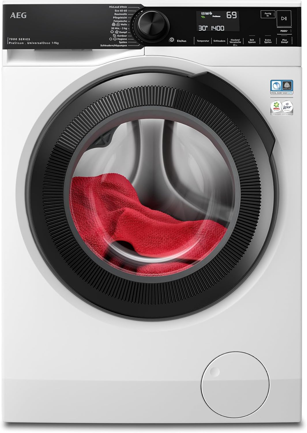 AEG Waschmaschine 9kg Serie 7000 ProSteam - Dampf - Programm - Weniger Bügeln und Mehr Frische, UniversalDose - Schublade für jedes Waschmittel bes. Effektiv für PODS, Mengenautomatik, 1600U min, LR7EA75690-Villaota