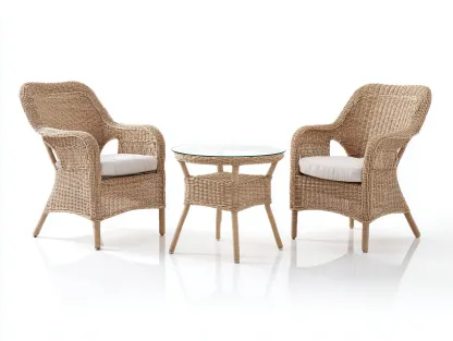 Essgarnitur-Set – Rattan – Sessel 65×60×90 cm / Tisch 55×55×60 cm – natur/weiß – für Outdoor und Garten – komfortables Design-Villaota