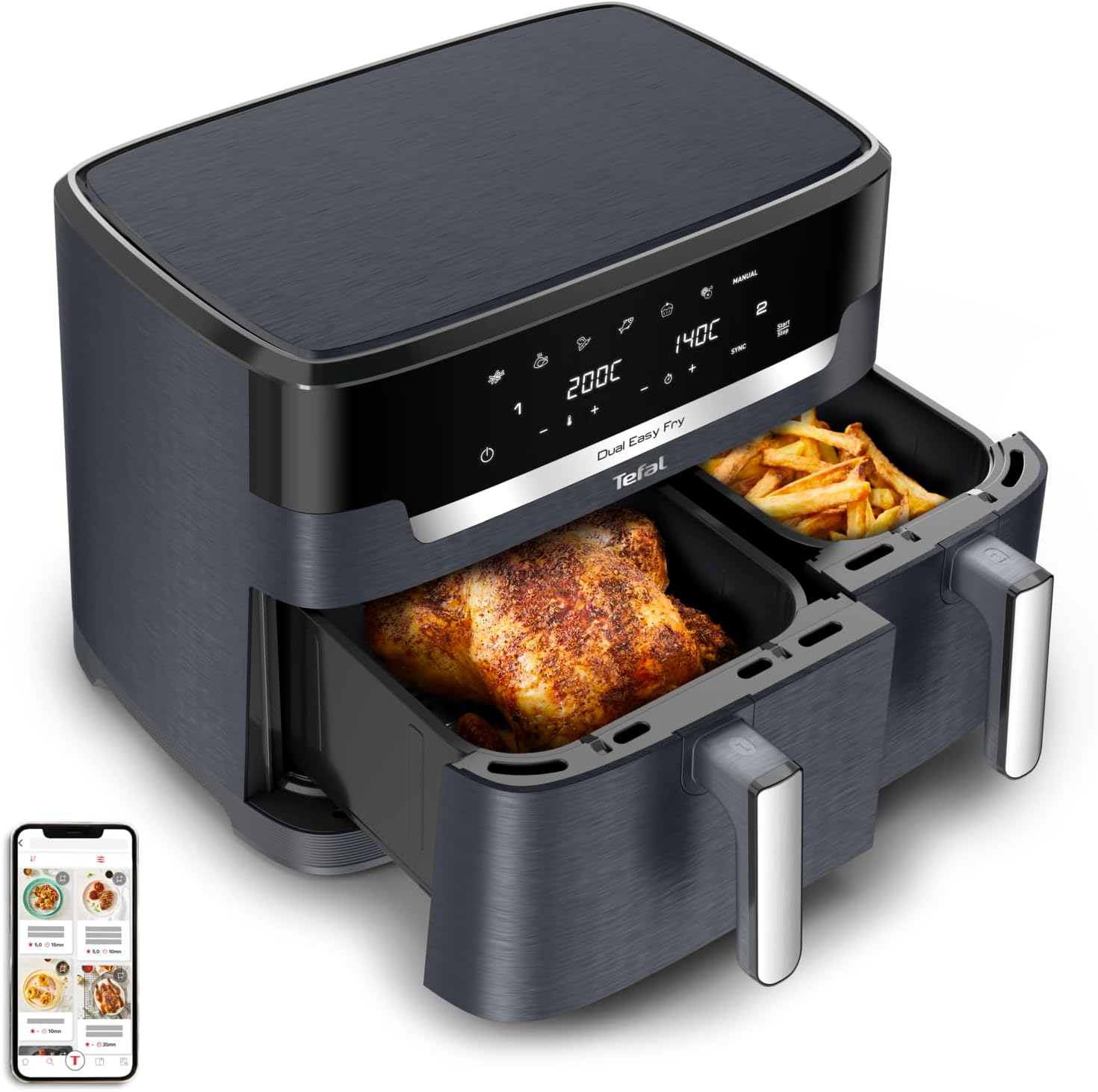 Tefal Dual Easy Fry XXL Heißluftfritteuse 11 L - Airfryer mit 2 Kammern Doppelkammer , 7 Programme, 2700 W, digitales Display, Extra - Crisp Technologie, fettarm frittieren, energiesparend EY942B-Villaota