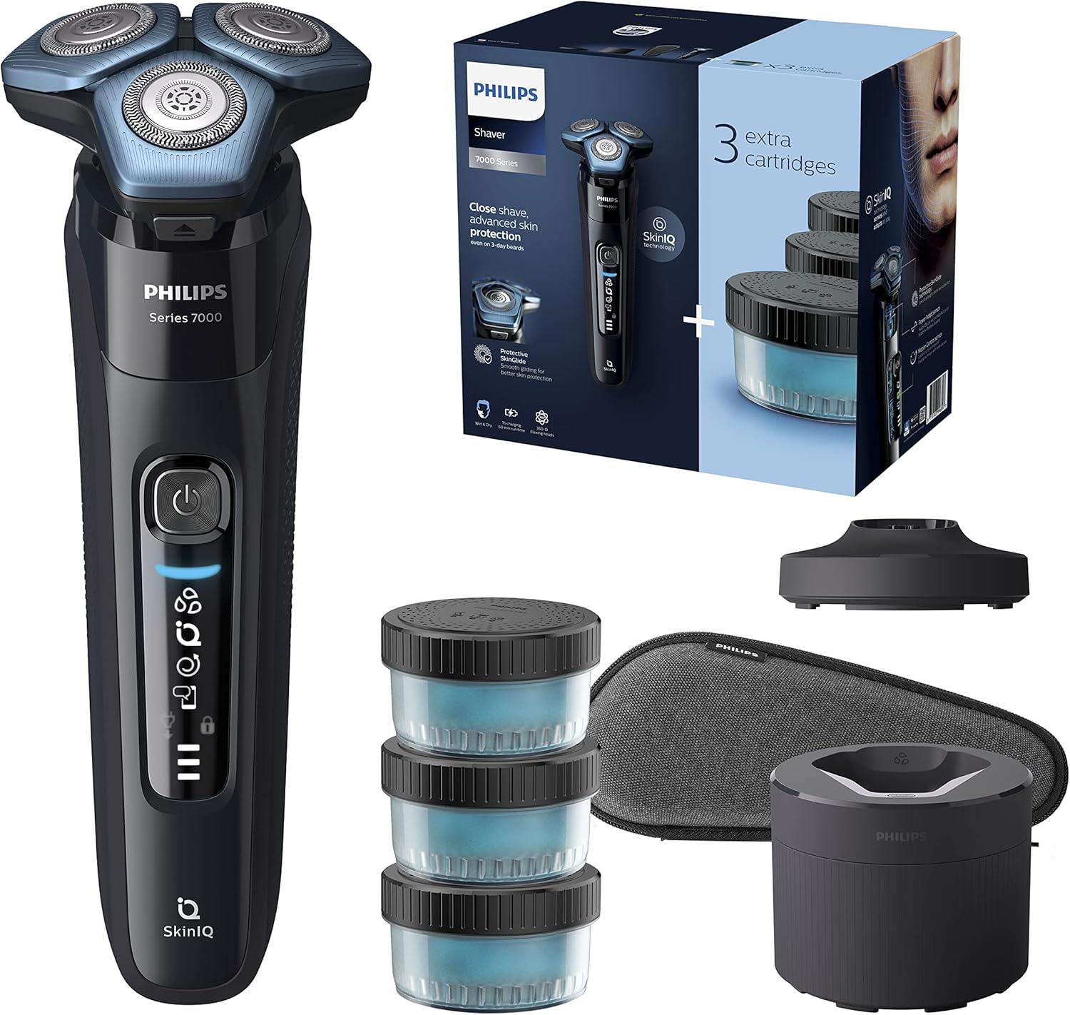 PHILIPS Shaver Series 7000 - Elektrischer Nass - und Trockenrasierer für Herren mit ausklappbarem Trimmer, Reinigungsstation, 4 x Reinigungskartuschen, Ladestation und Reiseetui Modell S7783 63-Villaota