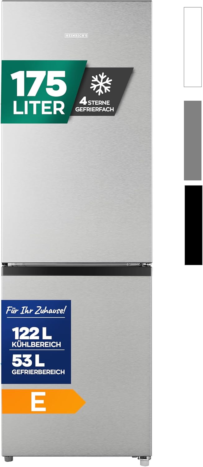 Heinrich.s Kühlgefrierkombination 175Liter, XXL, kühlschrank mit gefrierfach, Kühlvolumen 122L, Gefrierfach 53L, leise 39dB,große Tiefkühlboxen, 7 Temperaturstufen Energieklasse E, Inox-Villaota