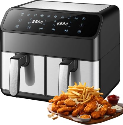 Doppelkammer Heißluftfritteuse, 8L 2x4L ,2 Speisen gleichzeitig, 8 Programme,Dörrer Funktion, Dual Zone, Airfryer, Touchscreen,Synchronisieren Fertig Technik,Schwarz Schwarz-Villaota