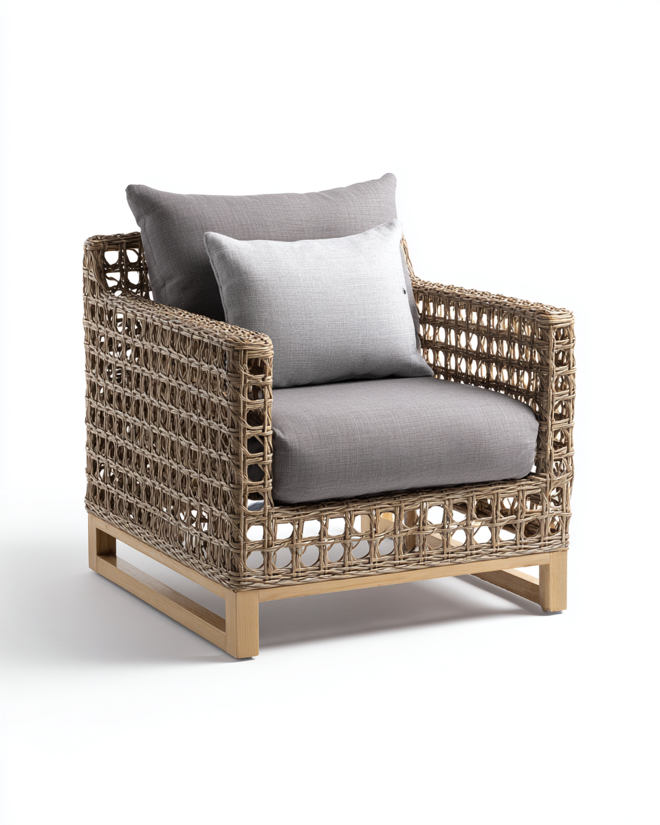 Sessel – Rattan – 78×75×83 cm – grau/natur – für Outdoor und Garten – modernes Flechtdesign