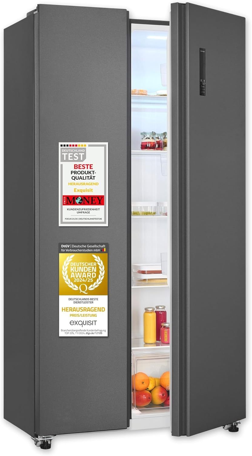 Exquisit Side - by - Side Kühlschrank mit Gefrierteil, 442 Liter, 10 Ablagen, No - Frost, LED - Anzeige, 91 cm Breite, SBS546 - 040D anthrazit-Villaota