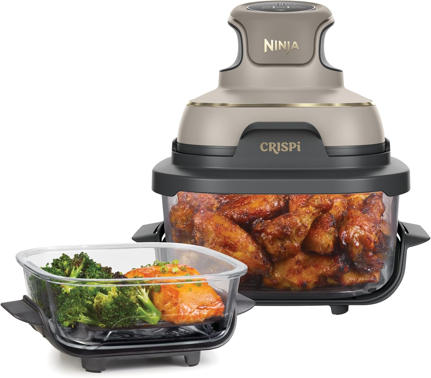 Ninja CRISPi tragbare Air fryer Heißluftfritteuse, 3,8 l, 4 - in - 1: Heißluftfrittieren, Braten, Warmhalten, Recrisp, 6 Portionen, 2x herausnehmbare Glasbehälter und Deckel, 1700 W, Stone Gold FN101EUSTGD-Villaota