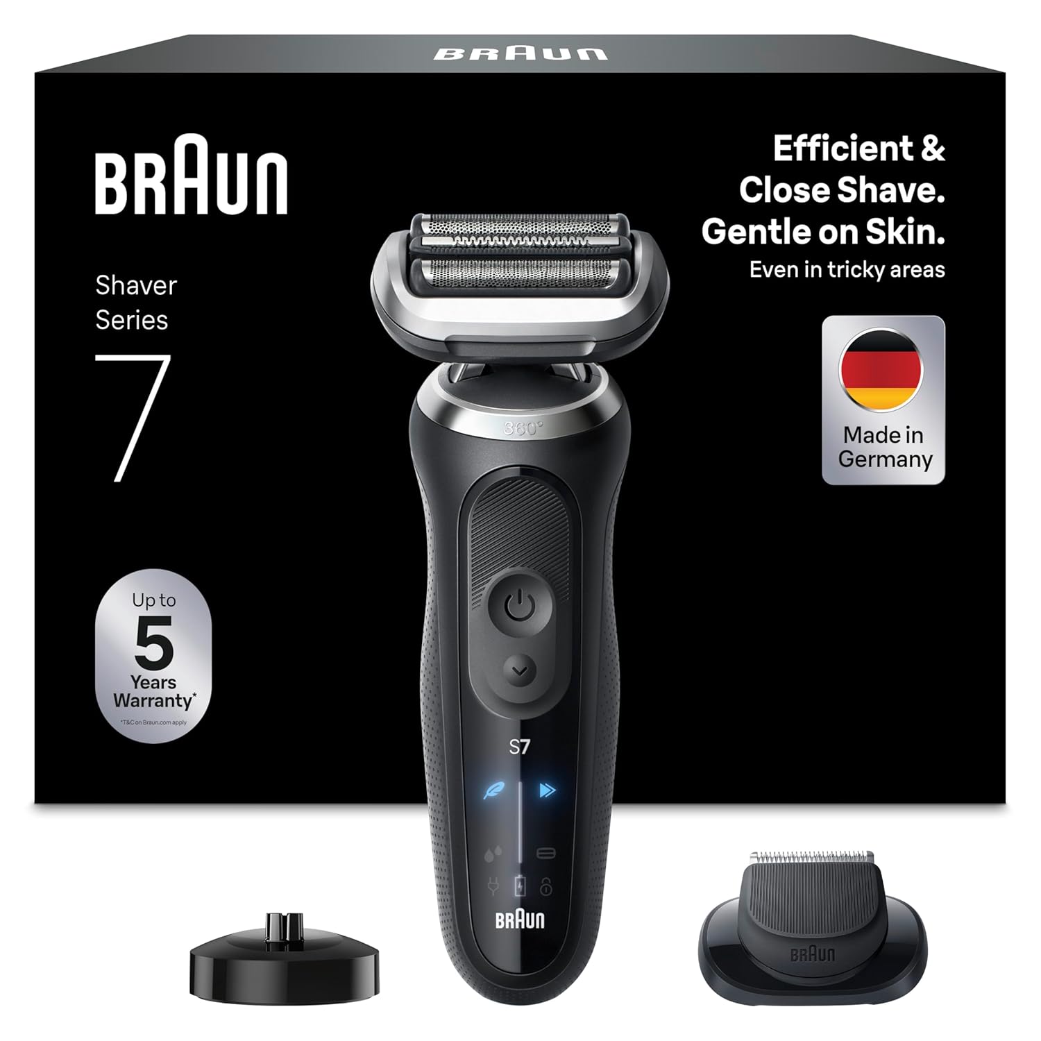 Braun Series 7 Elektrorasierer, Bis zu 60 min, Ladeständer, 1 Aufsatz, Kabelloser Nass und Trockenrasierer für Männer, 100 Prozent Wasserdicht, 72 - N4200s, Schwarz-Villaota