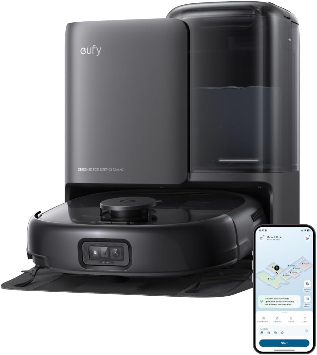 eufy Omni E25 HydroJet Saugroboter mit Wischfunktion, 20.000Pa Turbo - Saugkraft, DuroSpiral Entwirrbürsten, CornerRover Arm für Ecken, All - in - One - Station, für Tiere und Kinder.-Villaota