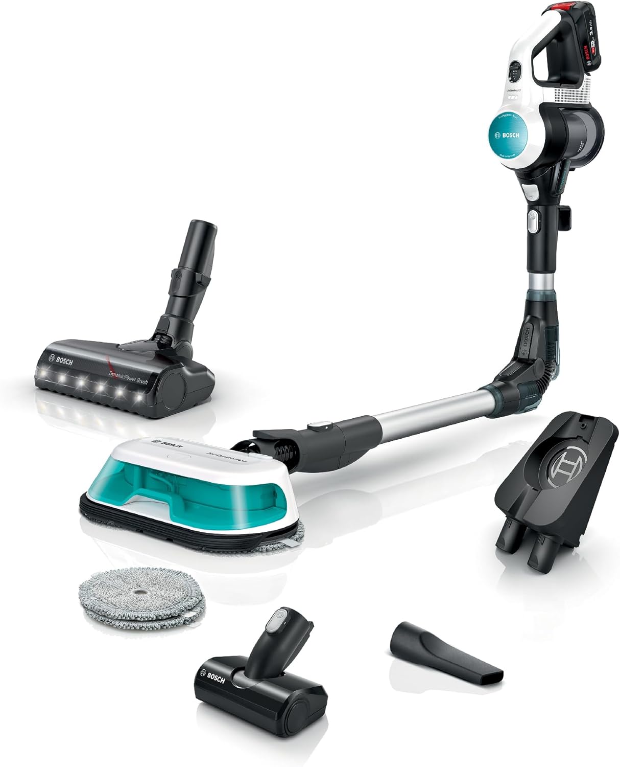 Bosch Akku - Staubsauger Unlimited 7 ProHygienic Aqua BKS71HYG4, kabellos, 2in1 Saugen und Wischen, Knickrohr, HEPA - Filtersystem, 10 J. Motorgarantie, Wechselakku, Mini - Turbo - Düse, Made in Germany, weiß-Villaota