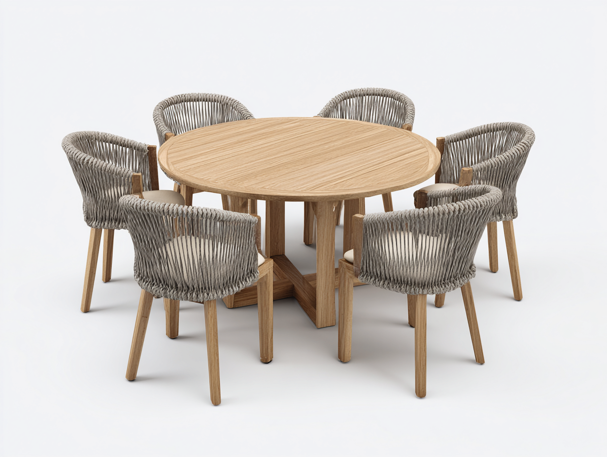 Essgarnitur-Set – Holz/Seilgeflecht – Tisch 120×120×75 cm / Stuhl 58×56×80 cm – natur/grau – für Outdoor und Garten – modernes Design-Villaota