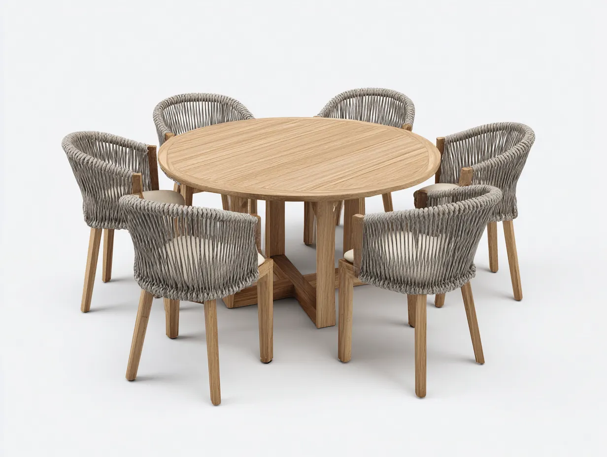 Essgarnitur-Set – Holz/Seilgeflecht – Tisch 120×120×75 cm / Stuhl 58×56×80 cm – natur/grau – für Outdoor und Garten – modernes Design-Villaota