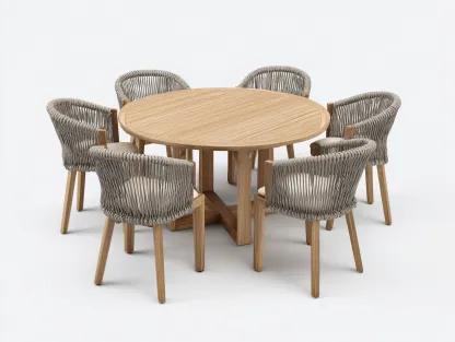 Essgarnitur-Set – Holz/Seilgeflecht – Tisch 120×120×75 cm / Stuhl 58×56×80 cm – natur/grau – für Outdoor und Garten – modernes Design-Villaota