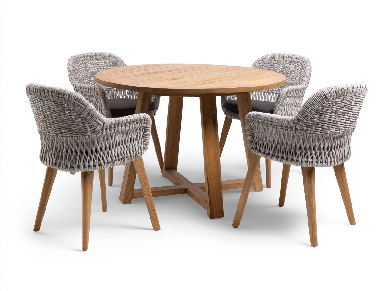 Garten-Essgruppe – Teakholz/Rope – Tisch 110×110×75 cm / Stuhl 57×54×78 cm – natur/grau – für Outdoor und Garten – modernes Design-Villaota