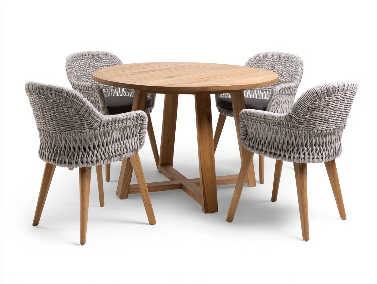 Garten-Essgruppe – Teakholz/Rope – Tisch 110×110×75 cm / Stuhl 57×54×78 cm – natur/grau – für Outdoor und Garten – modernes Design-Villaota