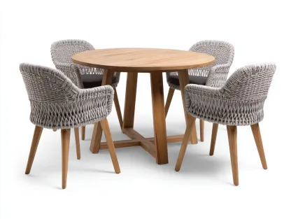 Garten-Essgruppe – Teakholz/Rope – Tisch 110×110×75 cm / Stuhl 57×54×78 cm – natur/grau – für Outdoor und Garten – modernes Design-Villaota