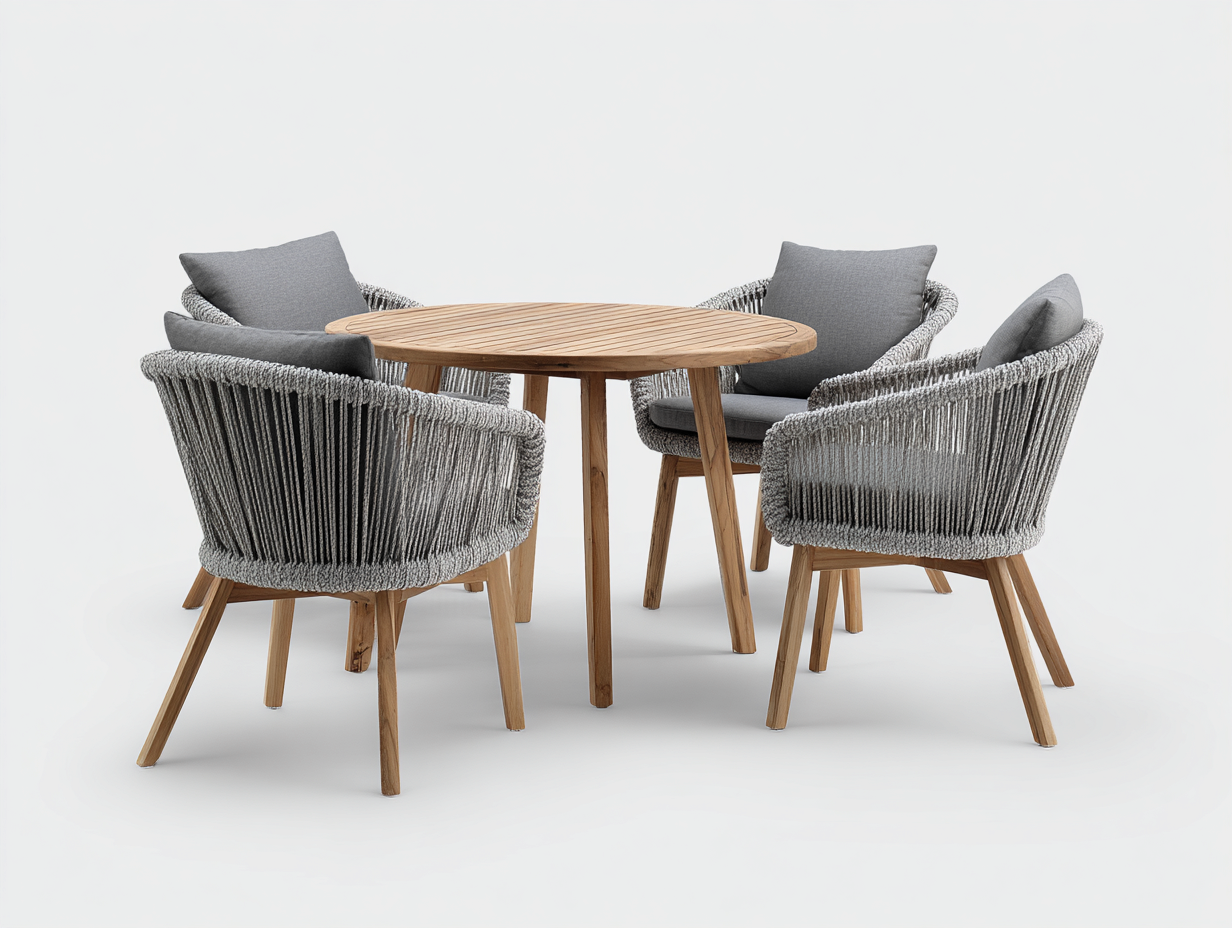 Garten-Essgruppe – Teakholz/Rope – Tisch 110×110×75 cm / Stuhl 58×55×78 cm – natur/grau – für Outdoor und Garten – modernes Design-Villaota