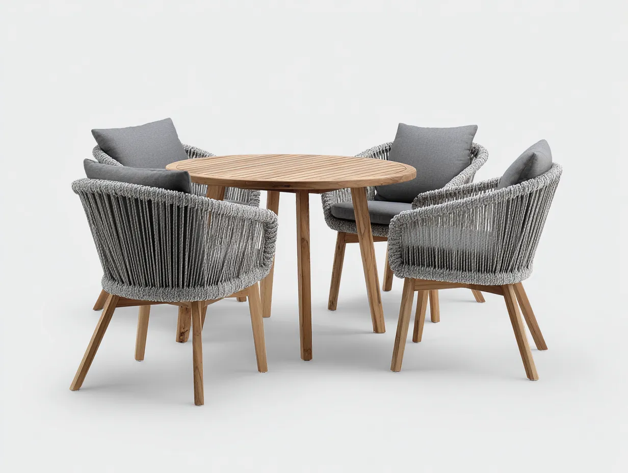 Garten-Essgruppe – Teakholz/Rope – Tisch 110×110×75 cm / Stuhl 58×55×78 cm – natur/grau – für Outdoor und Garten – modernes Design-Villaota