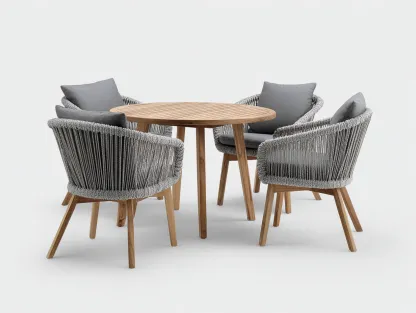 Garten-Essgruppe – Teakholz/Rope – Tisch 110×110×75 cm / Stuhl 58×55×78 cm – natur/grau – für Outdoor und Garten – modernes Design-Villaota